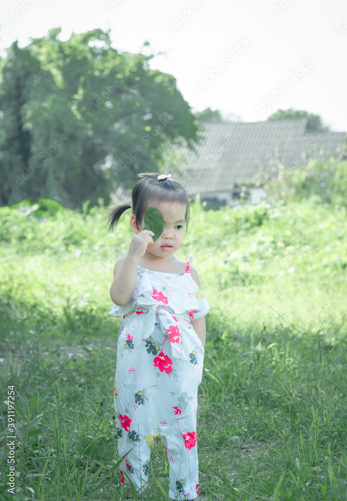 Beautiful cute asian little girl in the morning on the meadow Beautiful cute asian little girl in the morning on the meadow