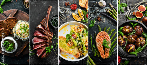 Collage of food and dishes of meat, fish and vegetables.