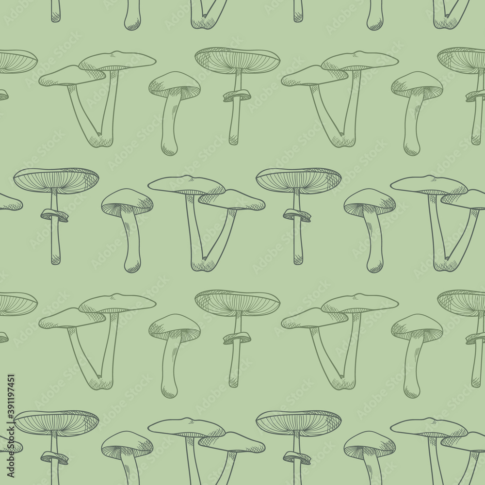 Line art mushrooms green repeat pattern background. Hand-drawn illustrations, nature pattern with mushroom elements. Line art mushrooms green repeat pattern background. Hand-drawn illustrations, nature pattern with mushroom elements.