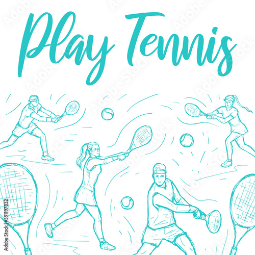 Tennis sports contest. Hitting ball. Sketch vector hand drawn banner or poster with text, men and women playing tennis.