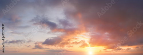 panorama of dramatic sky during sunset. Sky background during sunset or sunrise