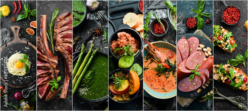 Set of photo dishes. Set of food cuisines of peoples of the world. Dishes and snacks on black stone background.
