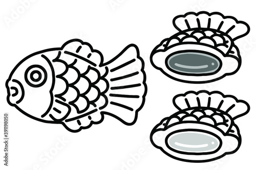 Bungeoppang and inside images. It is a fish-shaped pastry stuffed with sweetened red bean paste. Vector line art illustrations set.