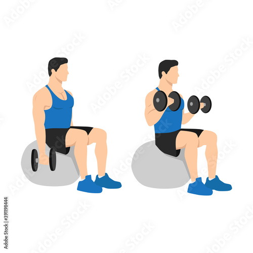 Man doing exercise Swiss ball bicep curls with dumbbell. Flat vector illustration isolated on different layer. Workout character
