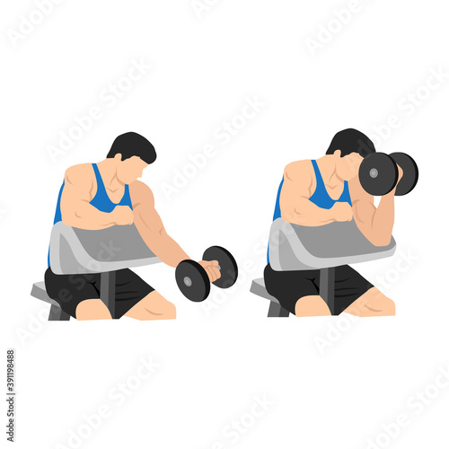 Man doing one arm dumbbell preacher curl. Flat vector illustration isolated on different layer. Workout character