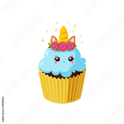 Unicorn cupcake with shiny icing. Fairy kawaii cake in paper cup. Tasty dessert with horn, eyes, flowers and ears. Vector illustration in cute cartoon style