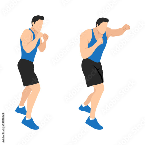 Man doing shadow boxing exercise. Flat vector illustration isolated on different layers. Workout character