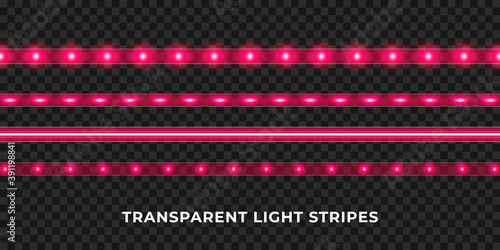 Red LED strips set. Colorful glowing illuminated tape decoration. Realistic neon lights