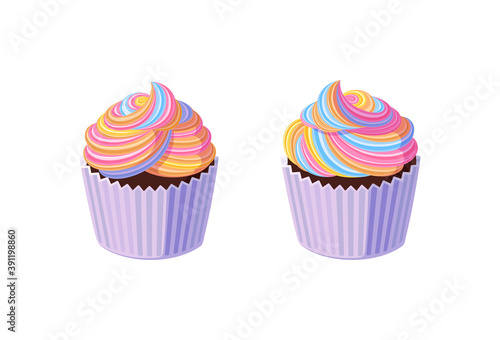 Cupcakes with swirled rainbow icing. Tasty muffins with colorful cream. Vector illustration in cute cartoon style