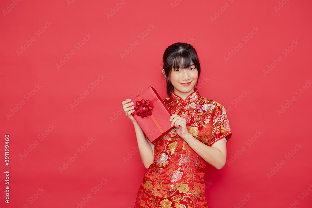 Portrait young Asian woman wear Chinese dress red Portrait young Asian woman wear Chinese dress red