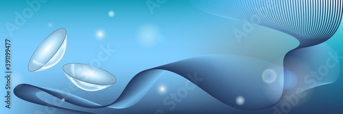 Medical color background with 3d contact lenses for eyes. Medical science banner with line. Vector illustration.