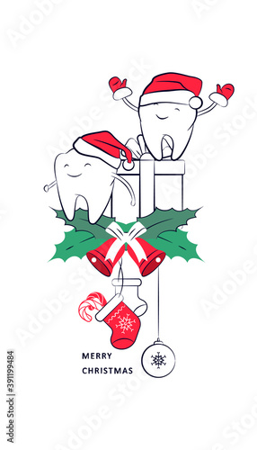 A smiling teeth in a Santa Claus hat with gift on mistletoe with bells, Christmas sock, and candy. Winter holiday symbol, new year card, design element for greetings or invitations.