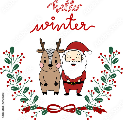 Group of Santa Claus and cute reindeer say hell0 and welcome to the winter season