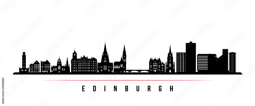 Edinburgh skyline horizontal banner. Black and white silhouette of Edinburgh City, Scotland. Vector template for your design.