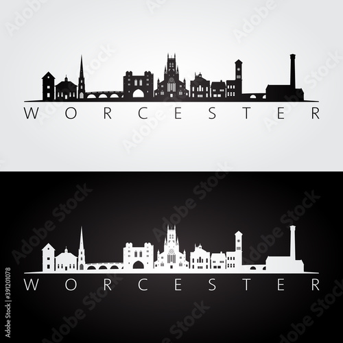 Worcester, UK skyline and landmarks silhouette, black and white design, vector illustration. photo