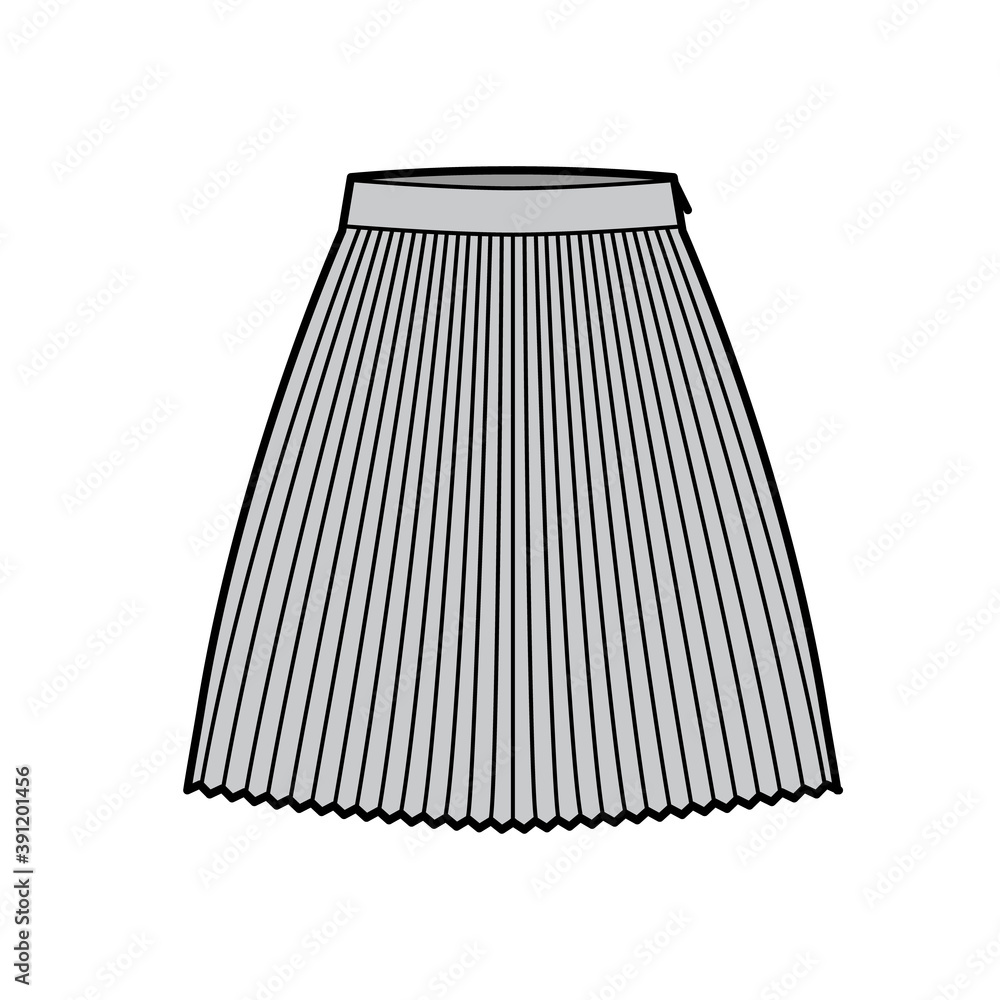 Skirt sunray pleat technical fashion illustration with under-the-knee length silhouette, circular fullness. Flat bottom template front, grey color style. Women, men, unisex CAD mockup Skirt sunray pleat technical fashion illustration with under-the-knee length silhouette, circular fullness. Flat bottom template front, grey color style. Women, men, unisex CAD mockup