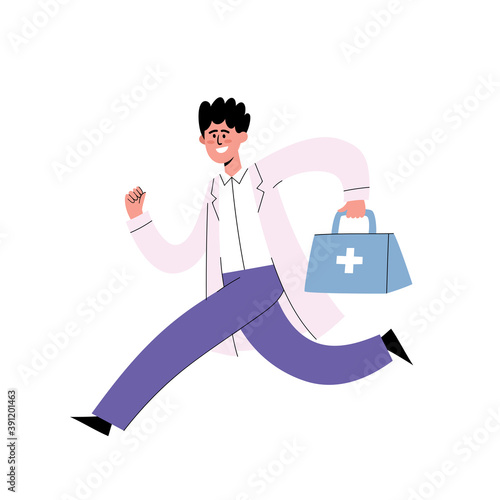 Vector illustration of running doctor with suitcase with medical supplies