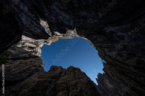 dangerous deep snow pits and caves in the mountainous area in the Mediterranean region