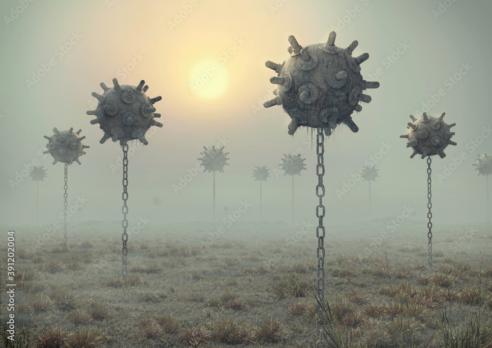 Ταπετσαρία Realistic underwater mines in grass field with fog and sun