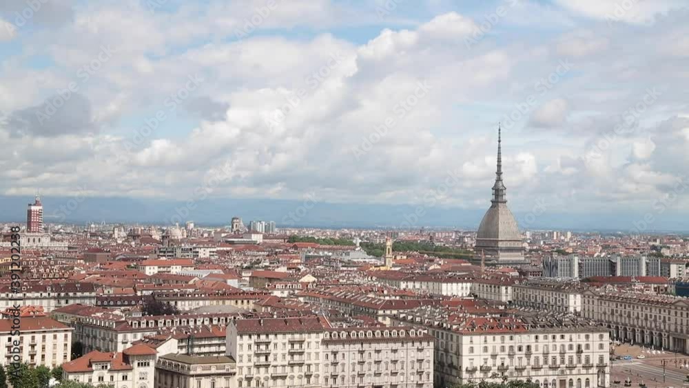 Turin, Italy. Timelapse of the city from the hill in a cloudy day