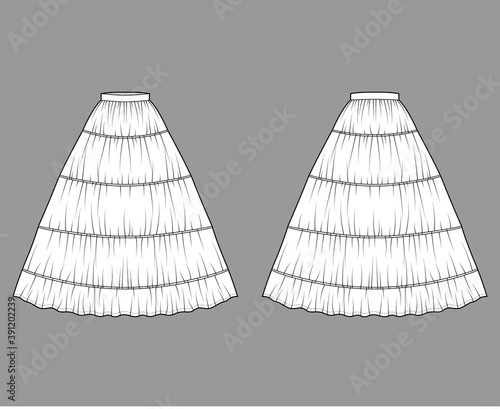 Skirt petticoat for gown technical fashion illustration with maxi floor length silhouette, circular fullness. Flat undergarment bottom template front, back, white color style. Women, unisex CAD mockup