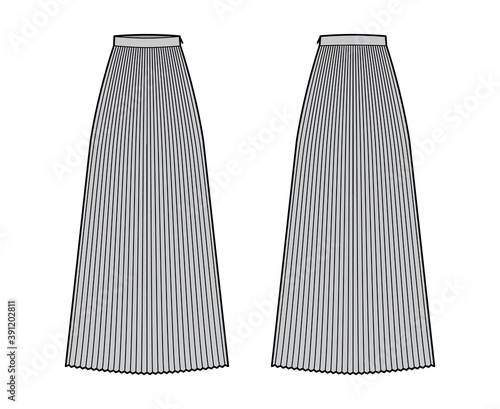 Skirt sunray pleat maxi technical fashion illustration with floor ankle length silhouette, circular fullness. Flat bottom template front, back, grey color style. Women, men, unisex CAD mockup