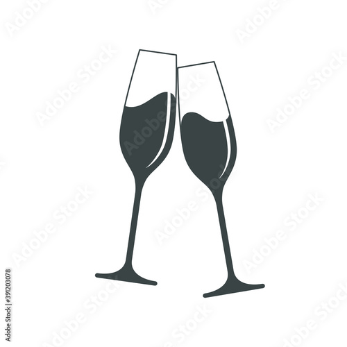 Clink glasses champagne graphic icon. Cheers with two champagne glasses sign isolated on white background. Vector illustration