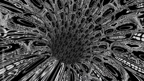 Seamless animation of a tunnel with pattern of tattooed skull in printed drawn style cartoon. Cool Halloween background with marker stroke effect in black and white. photo