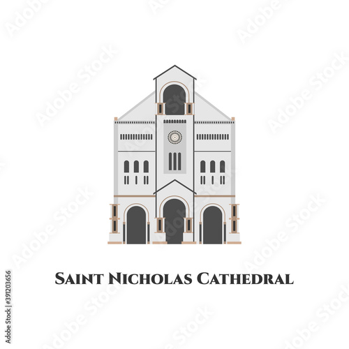 Saint Nicholas cathedral. The cathedral of the Roman Catholic Archdiocese of Monaco. Architectural building landmark. Monaco flat icon skyline silhouette design city vector art famous buildings