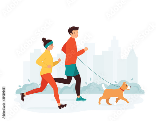 Young man and woman run in a city park with a dog. Family active healthy lifestyle concept, leisure activity, weekend. Morning, evening jogging. Isolated vector illustration