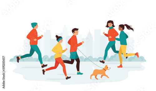 Young men and women diverse nationalities run in a city park. Active healthy lifestyle concept, leisure activity, weekend. Morning, evening jogging. Collection running people. Vector illustration