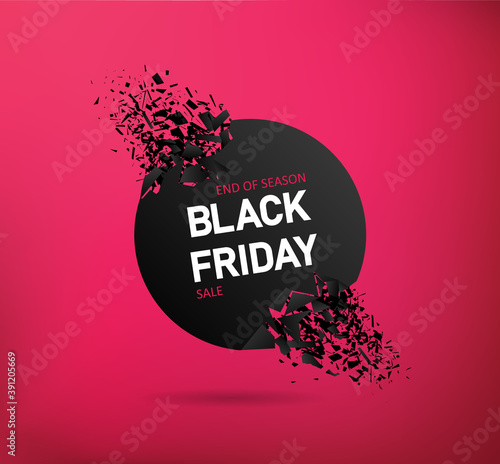 Sale on black friday with explosive background. Banner for offer on red background. Blast of poster for special sale. Flyer and card for promotion. Template for discount, price and business. Vector