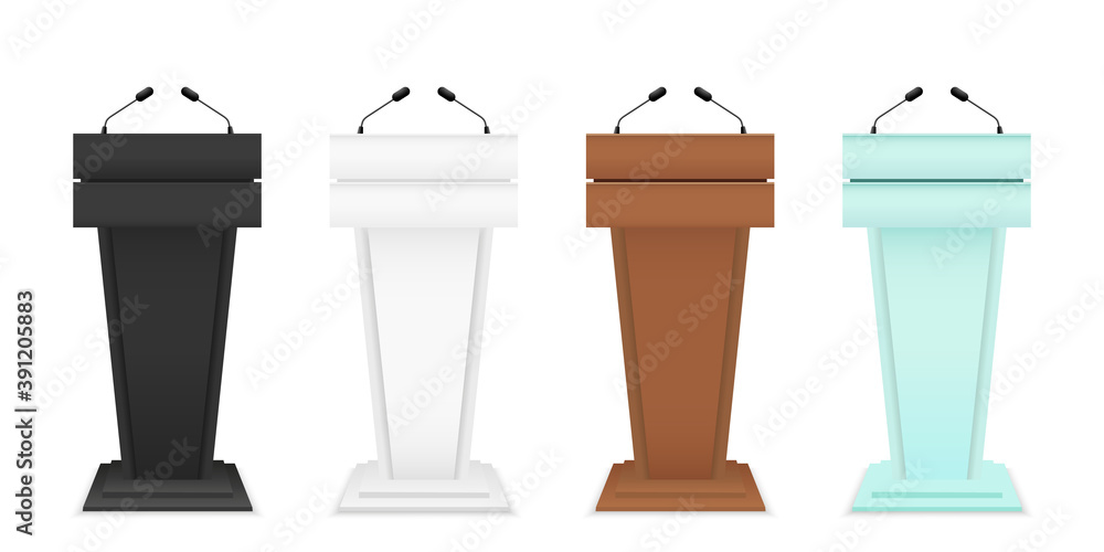Podium for debate. Rostrum of conference. Pulpit for speech. Tribune with microphone for speaker. Glass, wooden, metal stages and stands. Pedestal for lecture, press on white background. Vector Podium for debate. Rostrum of conference. Pulpit for speech. Tribune with microphone for speaker. Glass, wooden, metal stages and stands. Pedestal for lecture, press on white background. Vector