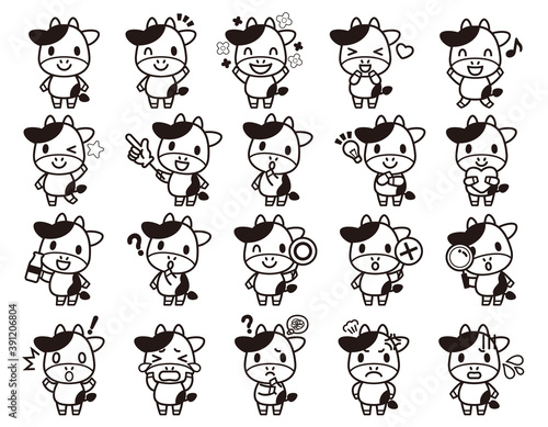 牛のかわいいキャラクターセット(白黒)-Cute cow character set