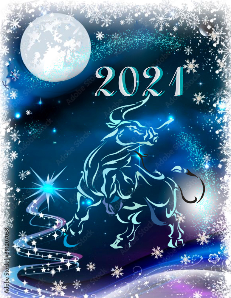 New Year, banner, poster, postcard, congratulations on the year 2021. Symbol of the year, year of the bull