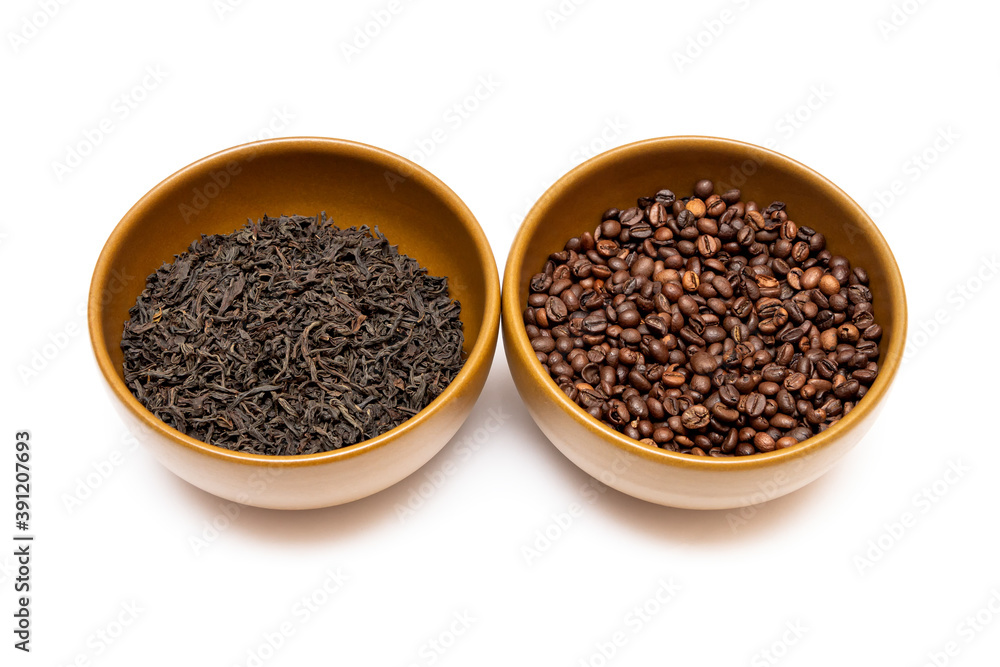 Bowls with coffee and dried tea on a white background Bowls with coffee and dried tea on a white background