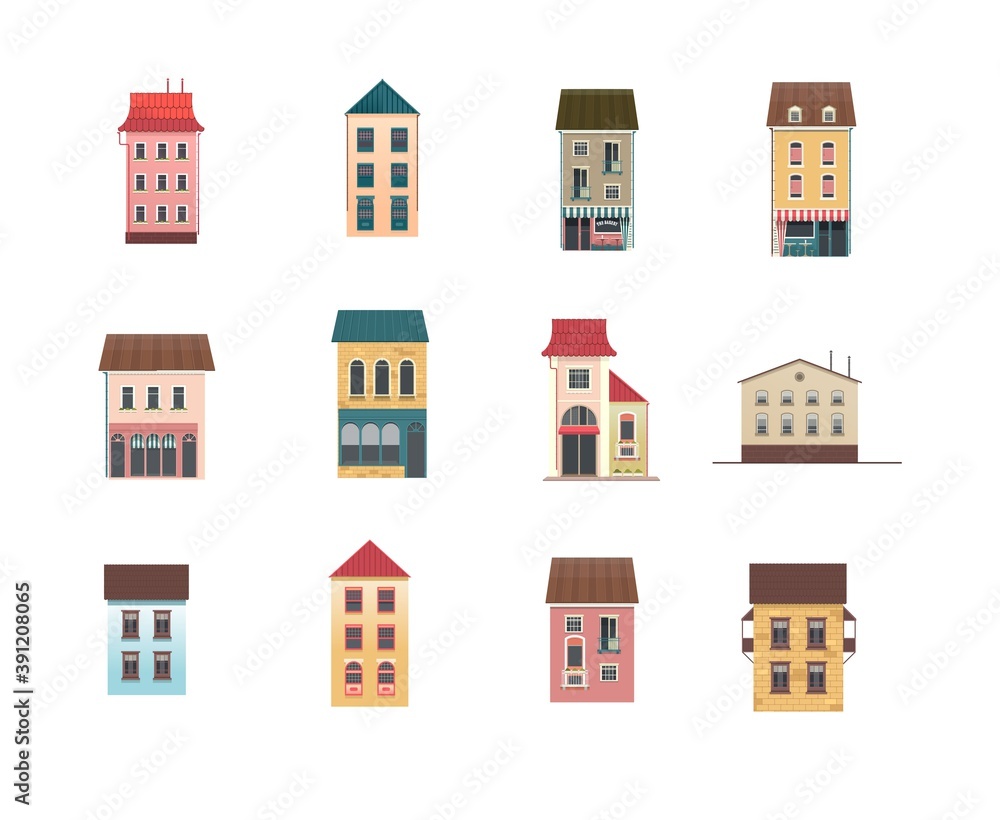 set of icons of houses in two floors