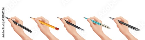 Hand holding stationery. Realistic pen pencil, isolated numan arm signs document vector illustration. Pen hand, pencil or sign, write by ballpoint
