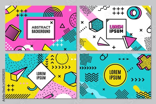 Memphis banners. Abstract geometric background, funky pop art style vector flyers template. Contemporary template poster, pattern colored futuristic illustration
