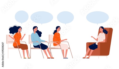 Psychotherapy group. Women consultation with therapist, coaching or discussion club. Female help meeting vector concept. Illustration psychotherapy woman group, psychology and psychiatry support