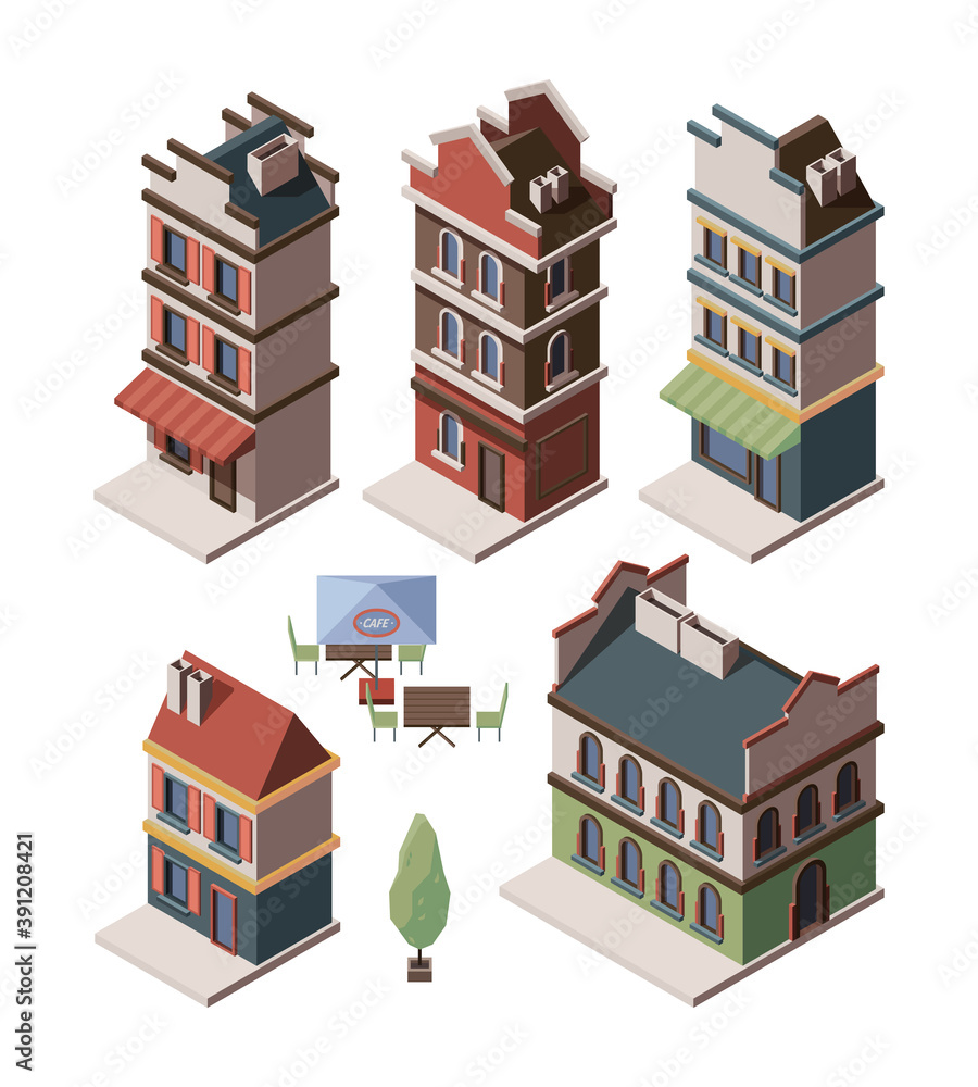 Old house isometric. Medieval buildings royal gates retro apartment antique constructions vector set. Illustration construction house isometric, residential living dwelling