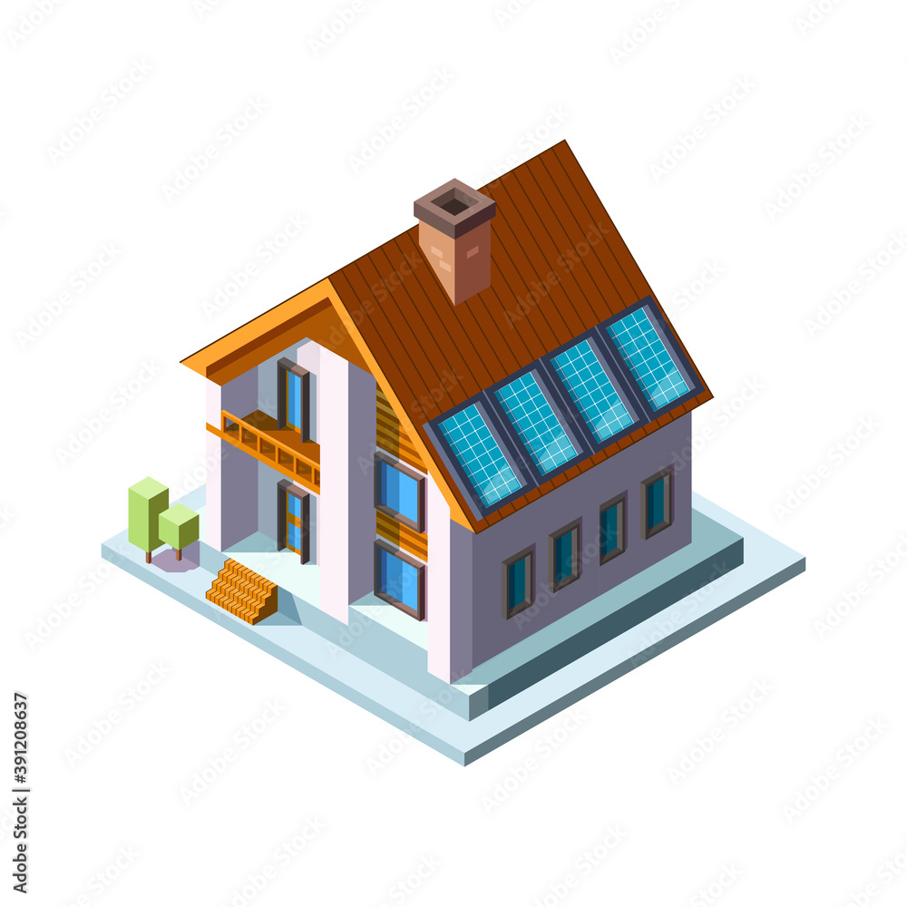 Solar panels on roof. Green eco energy sunny economy photovoltaic panels vector isometric house. Panel solar, energy alternative electricity power illustration Solar panels on roof. Green eco energy sunny economy photovoltaic panels vector isometric house. Panel solar, energy alternative electricity power illustration