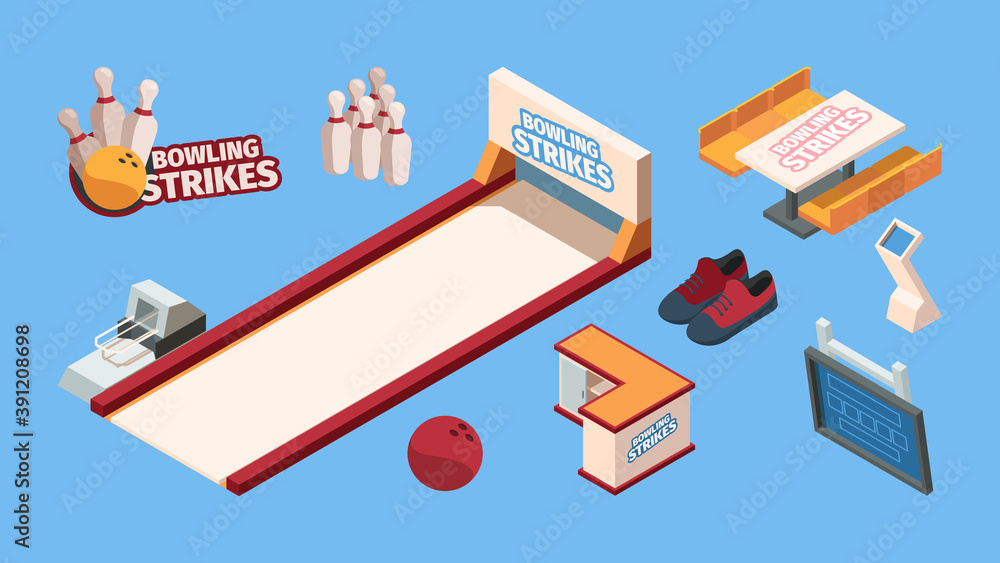 Fototapeta premium Bowling isometric. Sport leisure fun club for bowling players balls shoes skittles trophy cup vector set. Illustration bowling game, leisure sport isometric equipment