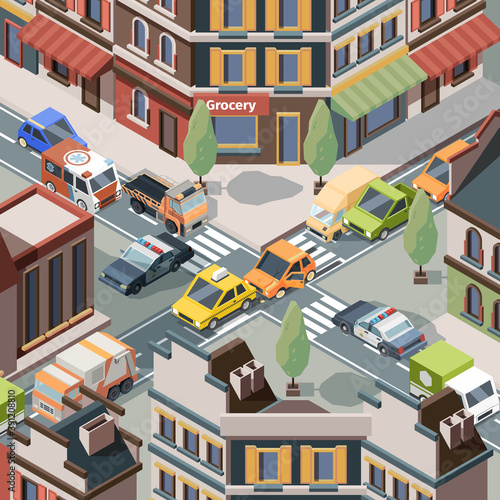 Crossroad accident. Injury trouble urban cars police crash transport on road bus traffic vector isometric. Road car accident intersection, crossroad traffic crash illustration