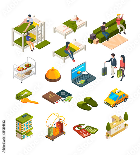 Hostel isometric. Hotel business symbols sofas hostelers travellers luggage couch vector collection. Illustration isometric hotel room, 3d interior furniture, staff receptionist