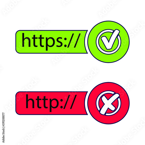 The HTTP and HTTPS protocols. Safe and reliable web browsing. Vector illustrations.