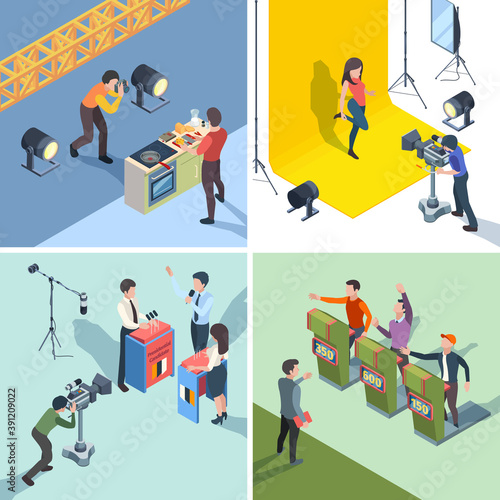 Tv show production. Digital broadcasting tv quiz talking show participants vector isometric set. Studio production digital, broadcasting show television illustration