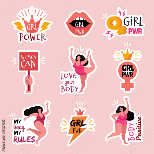 Feminist badges. Body positive power female characters girls trendy vector sticker. Feminism slogan movement, confident and empowerment illustration