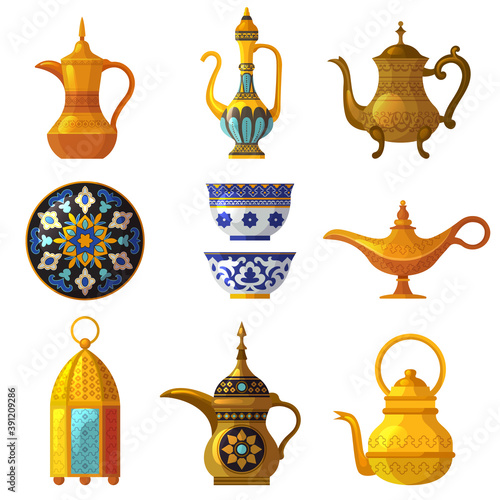 Old arabic heritage. Traditional cultural decorated pottery with logos saudi symbols vector arabia set. Illustration arabic pottery, clay traditional antique