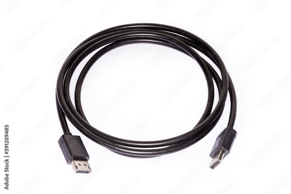 DisplayPort cable with full-size connectors on a white background DisplayPort cable with full-size connectors on a white background